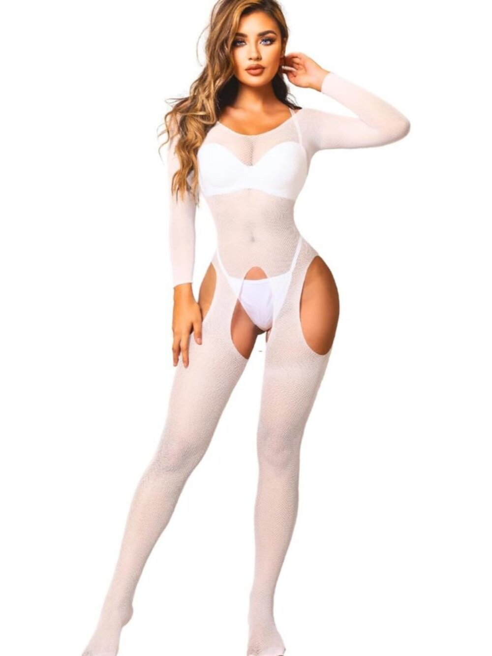 Women's Body Stocking White High Neck Fishnet Sleeveless Nightwear Comfort Soft